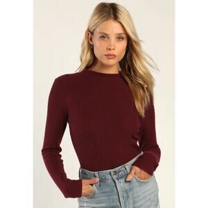 Lulus Cuddly Couture Waffle Knit Mock Neck Top Sweater Size Small Burgundy Luxe